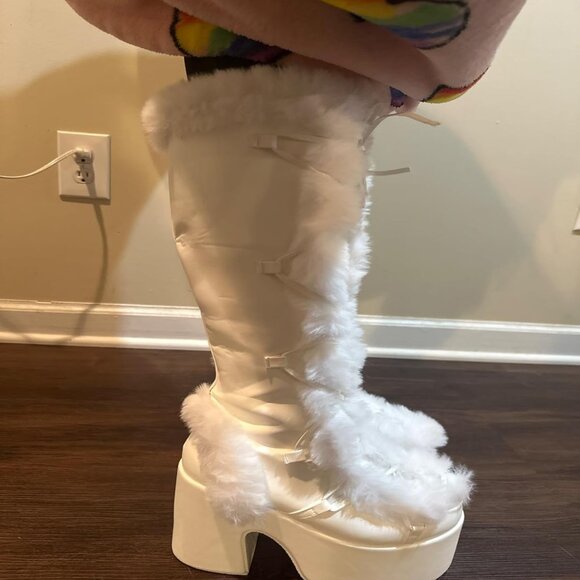 🆕Womens White Synthetic Mid Calf Lace Up Chunky High Heel Warm Fur Snow Boots - Picture 4 of 11